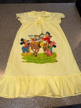 Vintage Disney Yellow Cotton Kids Nightgown with Classic Mickey & Friends Print